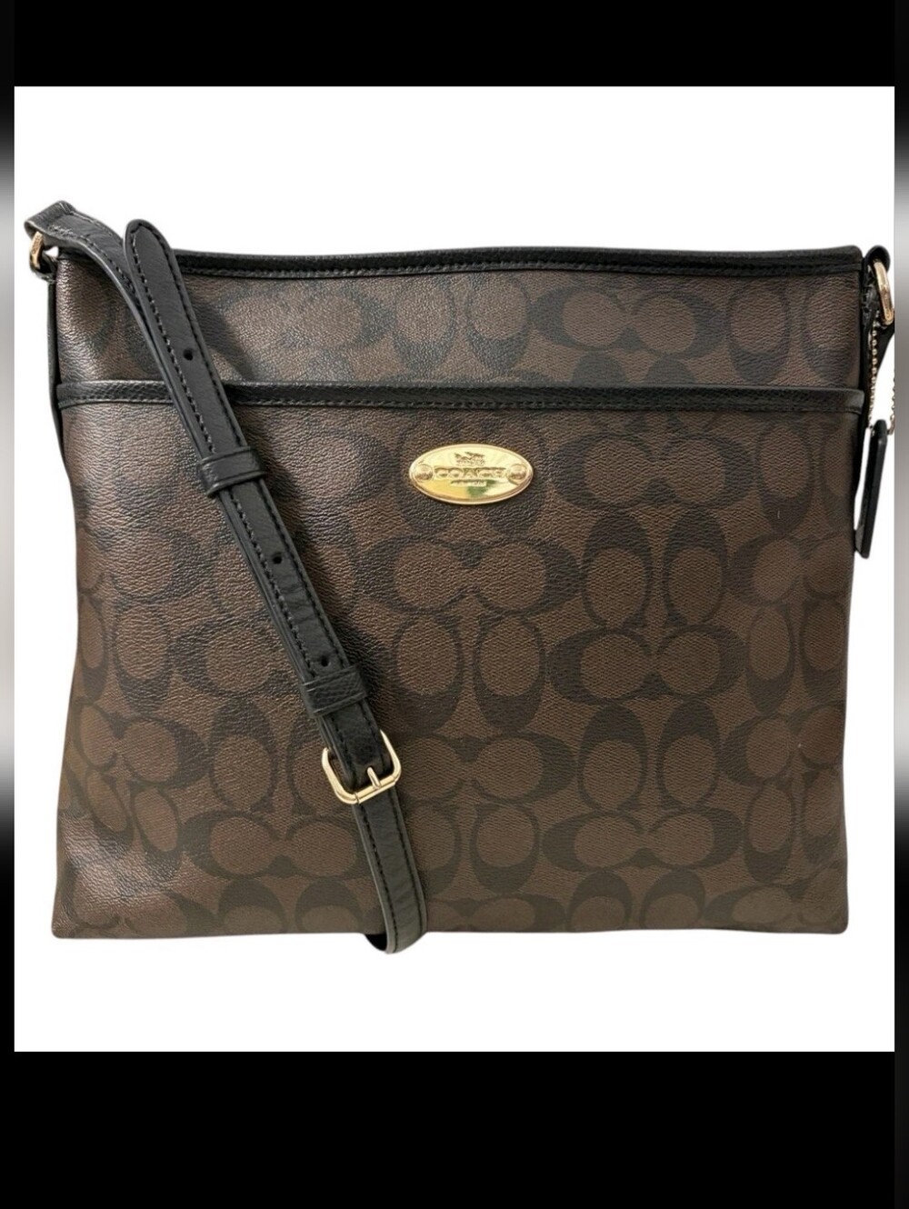 Coach Brown Signature File Crossbody Bag Black/Brown Leather Coated Canvas GUC